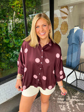 Load image into Gallery viewer, Sloane Satin Polka Dot Button Up Blouse- Burgundy
