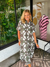 Load image into Gallery viewer, Shaw Geometric Printed Midi Shirt Dress-Olive Multi
