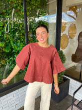 Load image into Gallery viewer, Rhett Washed Denim Tie Blouse- Brick Red
