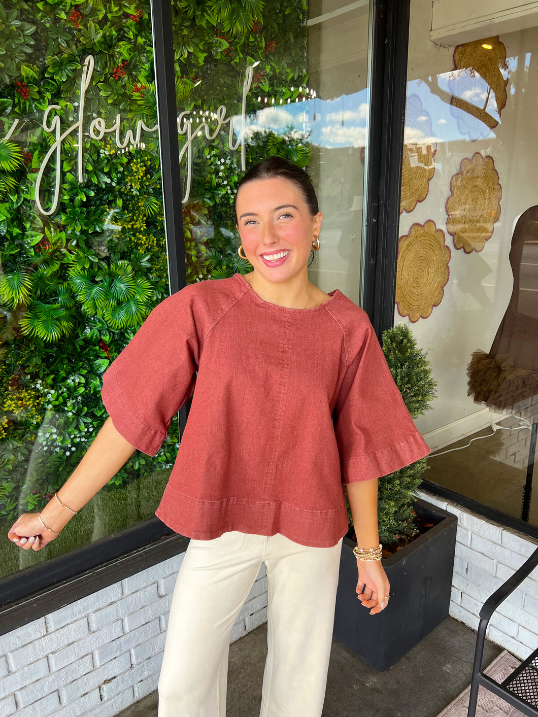 Rhett Washed Denim Tie Blouse- Brick Red