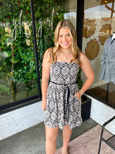 Myles Eyelet Floral Belted Mini Dress- Navy