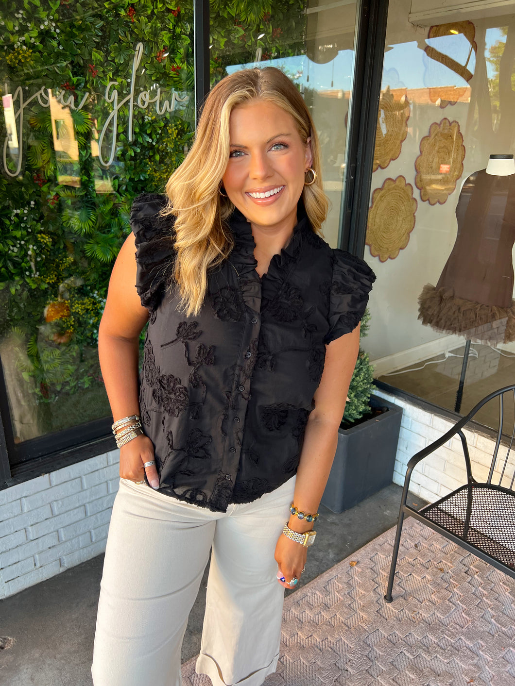 Betsy Textured Floral Button Up Top- Black