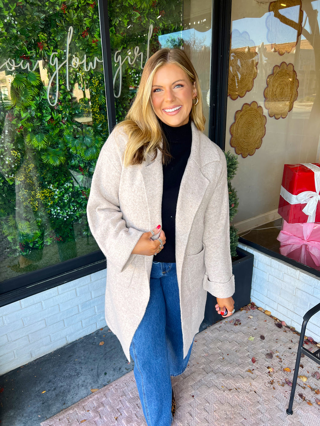 Deliah Solid Knit Shawl Cardigan -Taupe