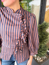Load image into Gallery viewer, Elliot Striped Puff Sleeve Bow Top- Navy/Brown
