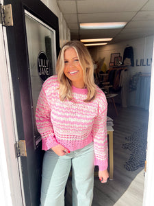 Shea Striped Crochet Sweater- Pink