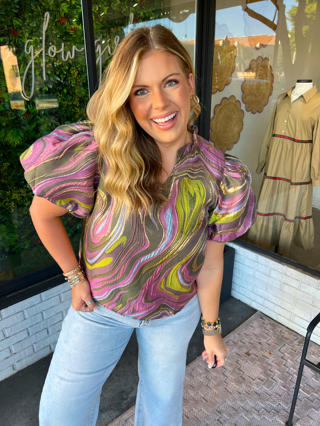 Cale Watercolor Abstract Jacquard Top- Multi Color