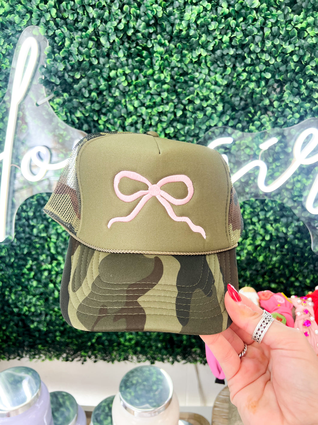PRE ORDER : Embroidered Bow Trucker Hat- Camo