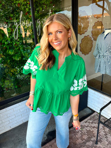 Ansleigh Eyelet V-Neck Babydoll Top- Kelly Green
