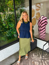 Load image into Gallery viewer, Charlee Polka Satin Midi Skirt- Green/Navy
