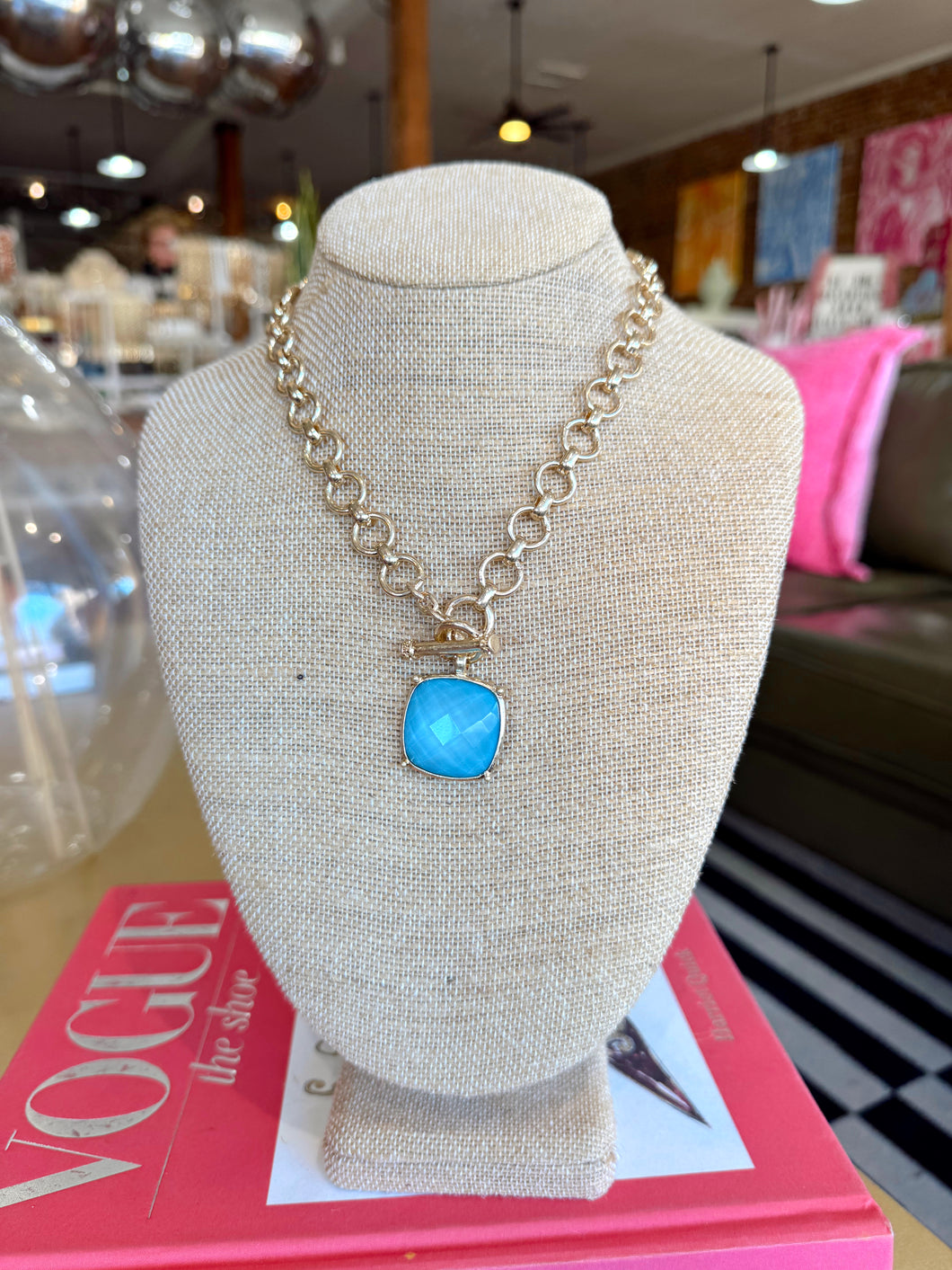Gold Color Stone Accent Necklace-Blue
