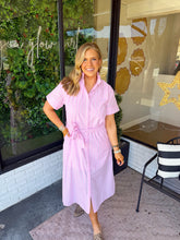 Load image into Gallery viewer, Brittany Striped Ruffle Neck Button Up Midi Dress- Light Pink
