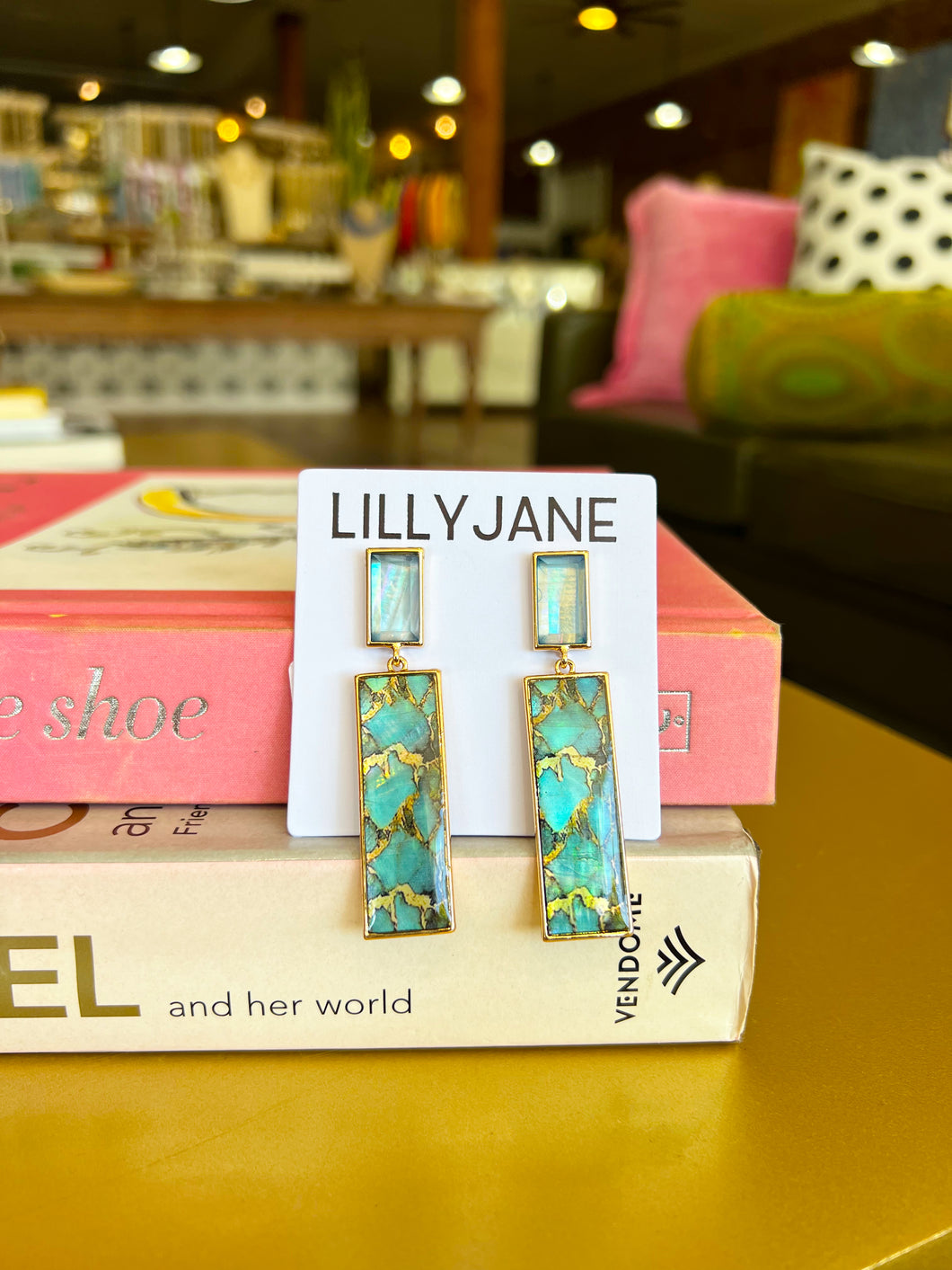 Gold Shell Bar Dangle Earrings- Turquoise