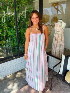 Serena Pleated Flowy Maxi Dress- Pink/Green