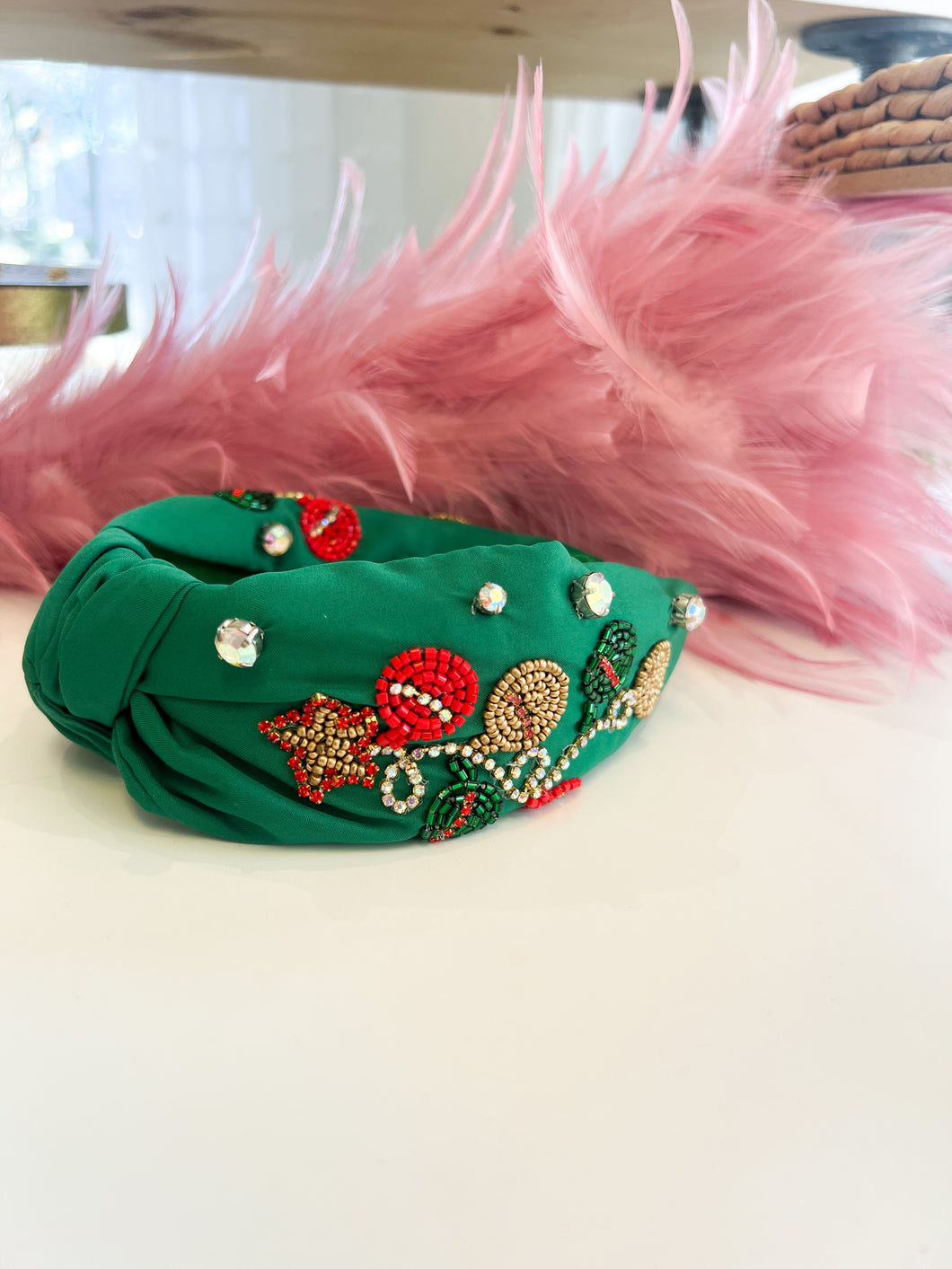 Ornament Seed Bead Headband- Green
