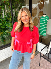Load image into Gallery viewer, Colby Floral Color Block Poplin Top- Red/Fuchsia
