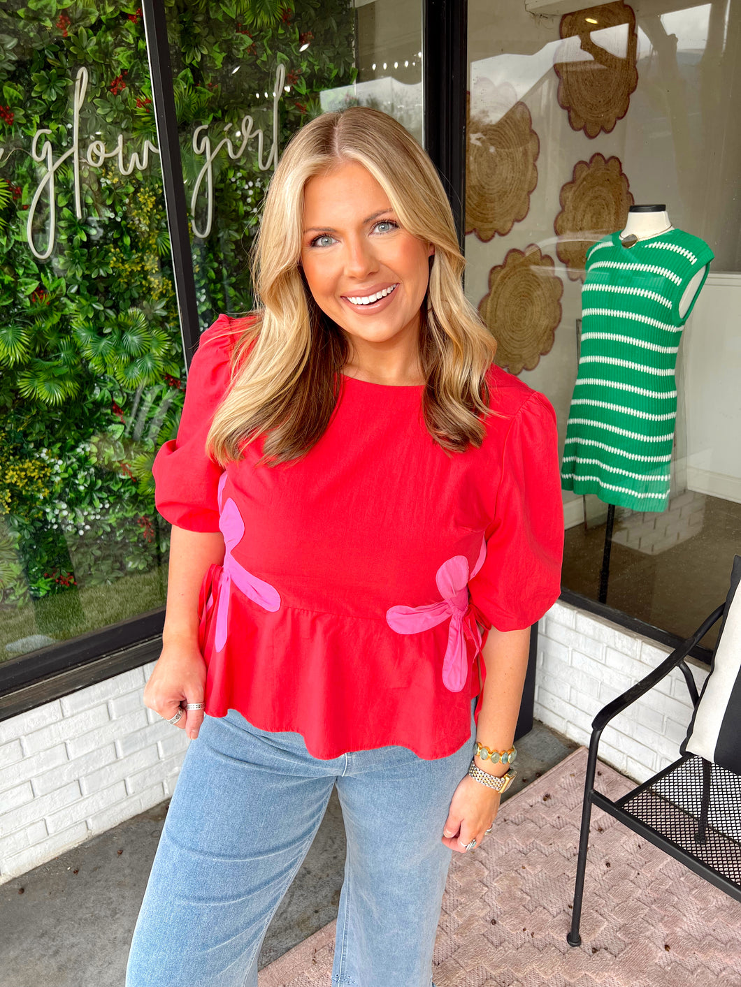Colby Floral Color Block Poplin Top- Red/Fuchsia