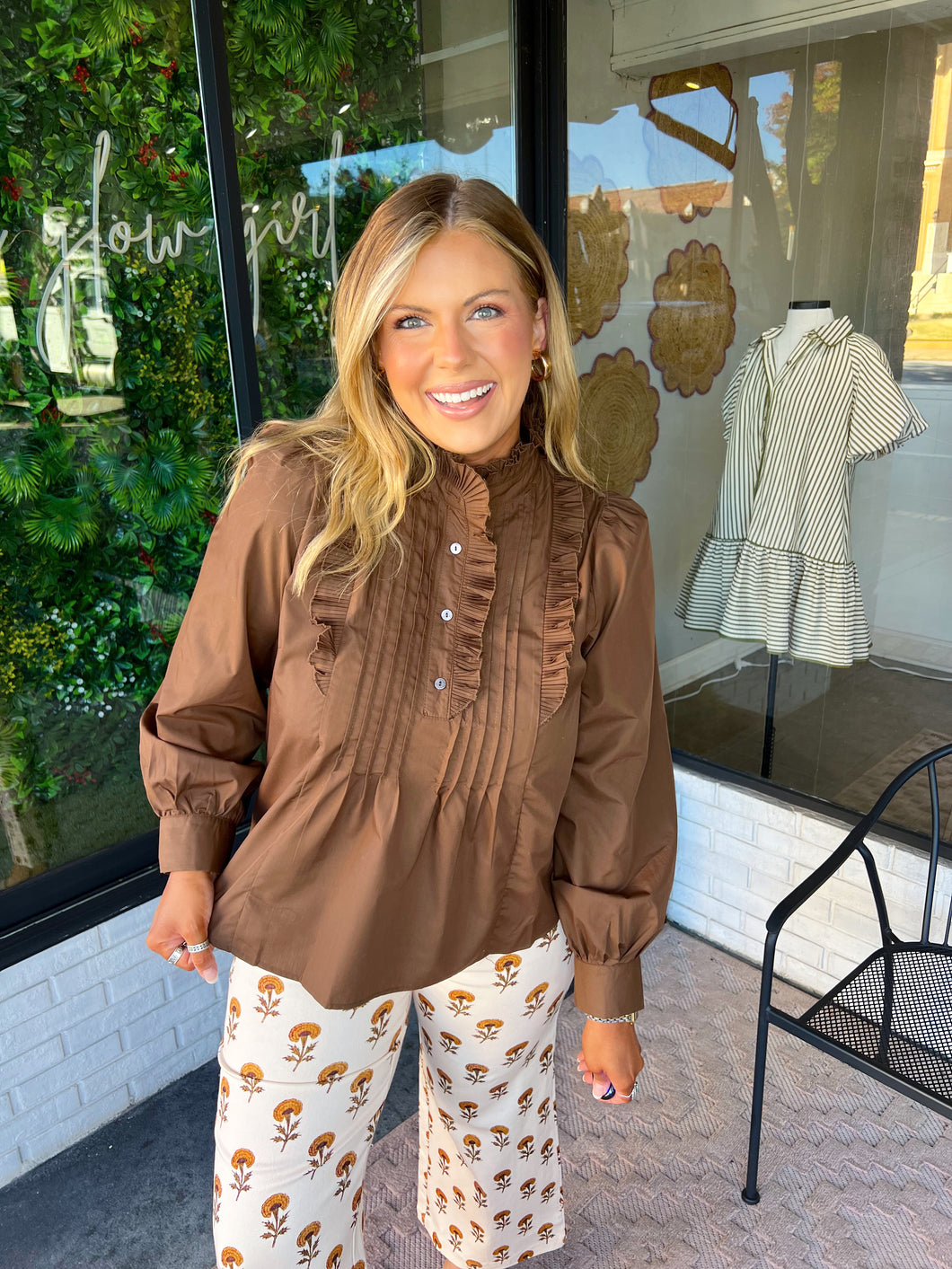 Fallon Pintuck Frill Neck Top- Brown