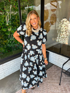Gentry Floral Printed Midi Skirt Set- Black/Blue