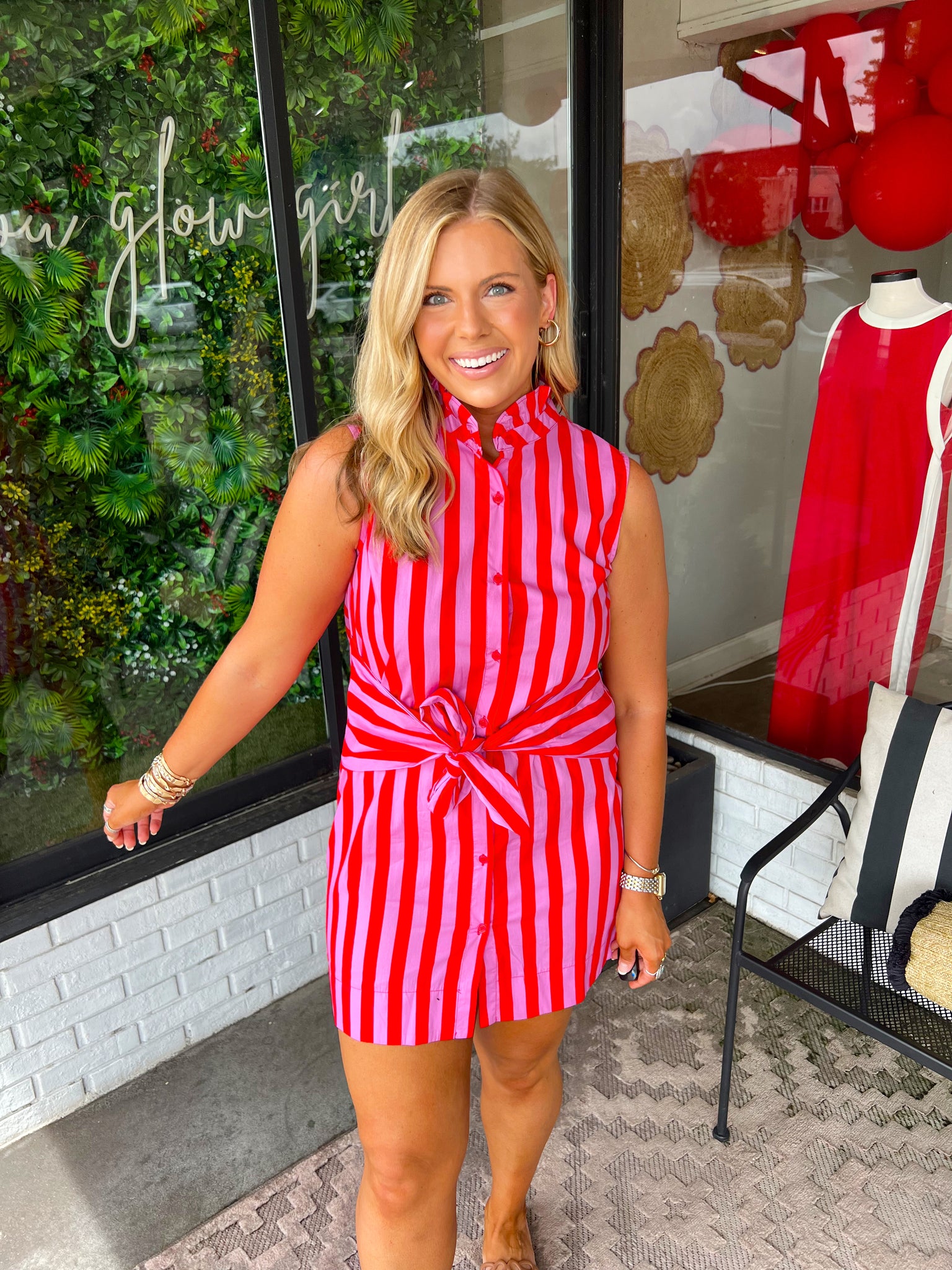 Trinity Stripe Button Up Waist Tie Mini Dress- Pink Multi – Lilly Jane