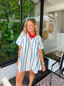 Emmeline Striped Puff Sleeve Mini Dress - Royal Blue