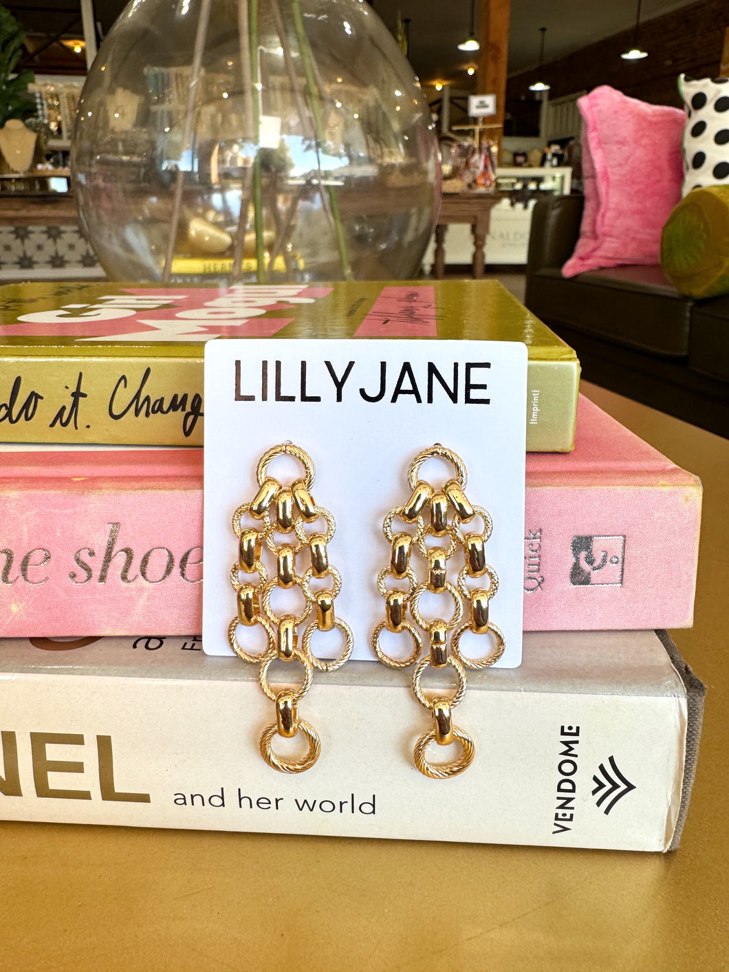 Gold Circle Linked Fringe Dangle Earrings