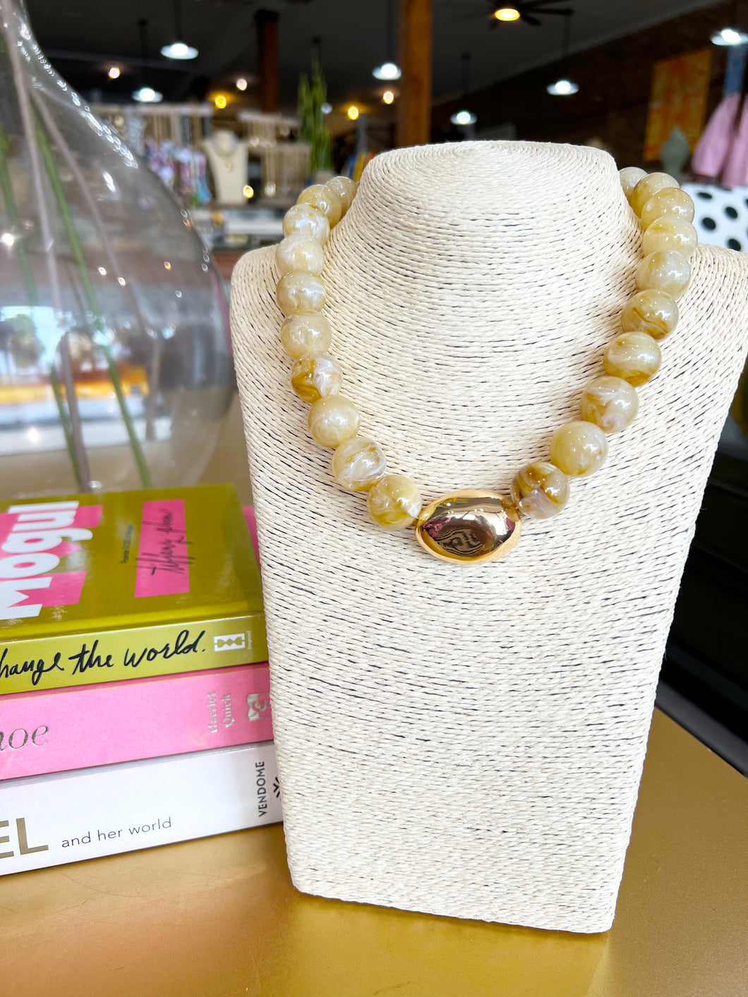 Chunky Beaded Ball Gold Accent Necklace - Natural