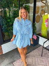 Load image into Gallery viewer, Melanie Embroidered Linen Button Up Dress - Light Blue
