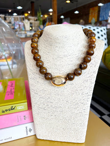 Chunky Beaded Ball Gold Accent Necklace - Brown