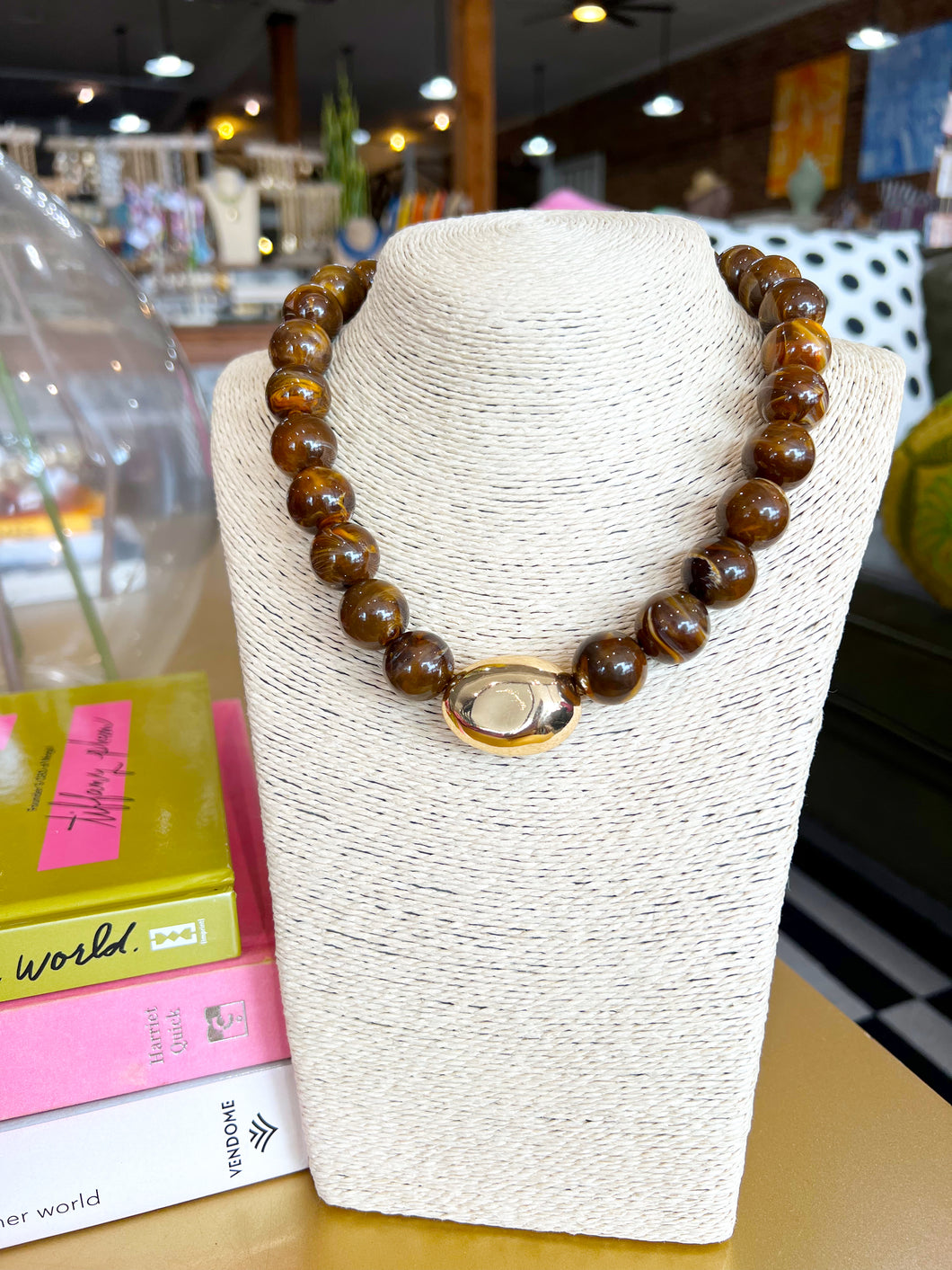 Chunky Beaded Ball Gold Accent Necklace - Brown