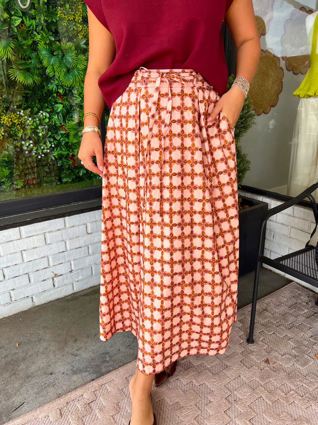 Kalah Chainlink Printed Midi Skirt - Pink/Burgundy