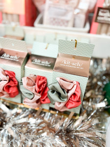 Ornament Satin Scrunchies 3pc Set - Pinksettia