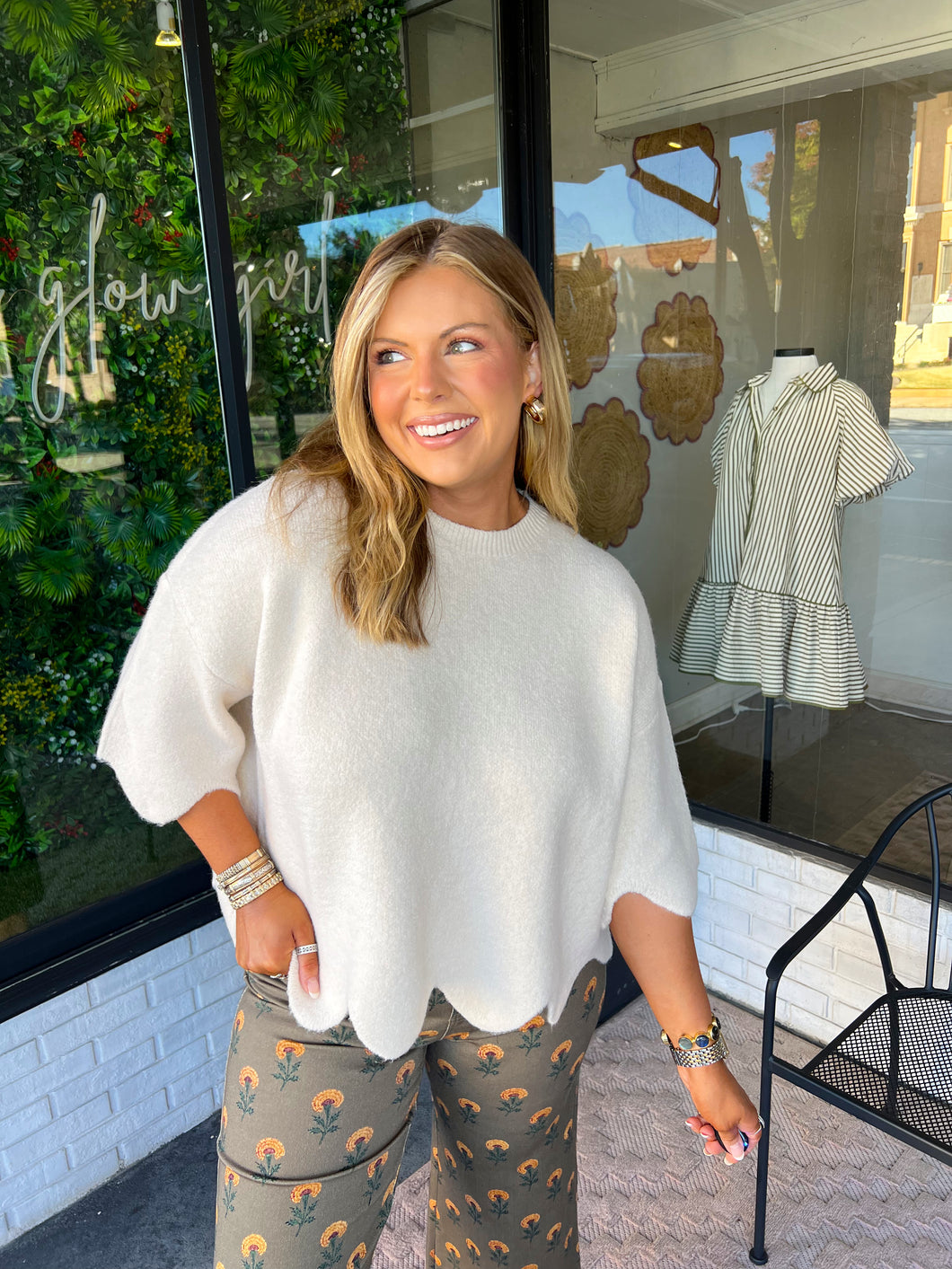 Merritt Quarter Sleeve Scallop Knit Sweater - Ivory