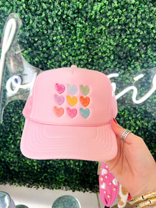 Embroidered Multi Heart Trucker Hat- Light Pink
