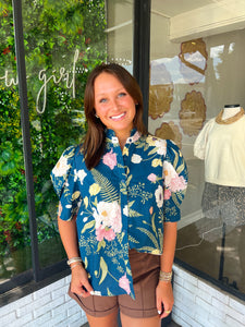 Sydni Floral Ruffle Neck Button Up Top- Teal