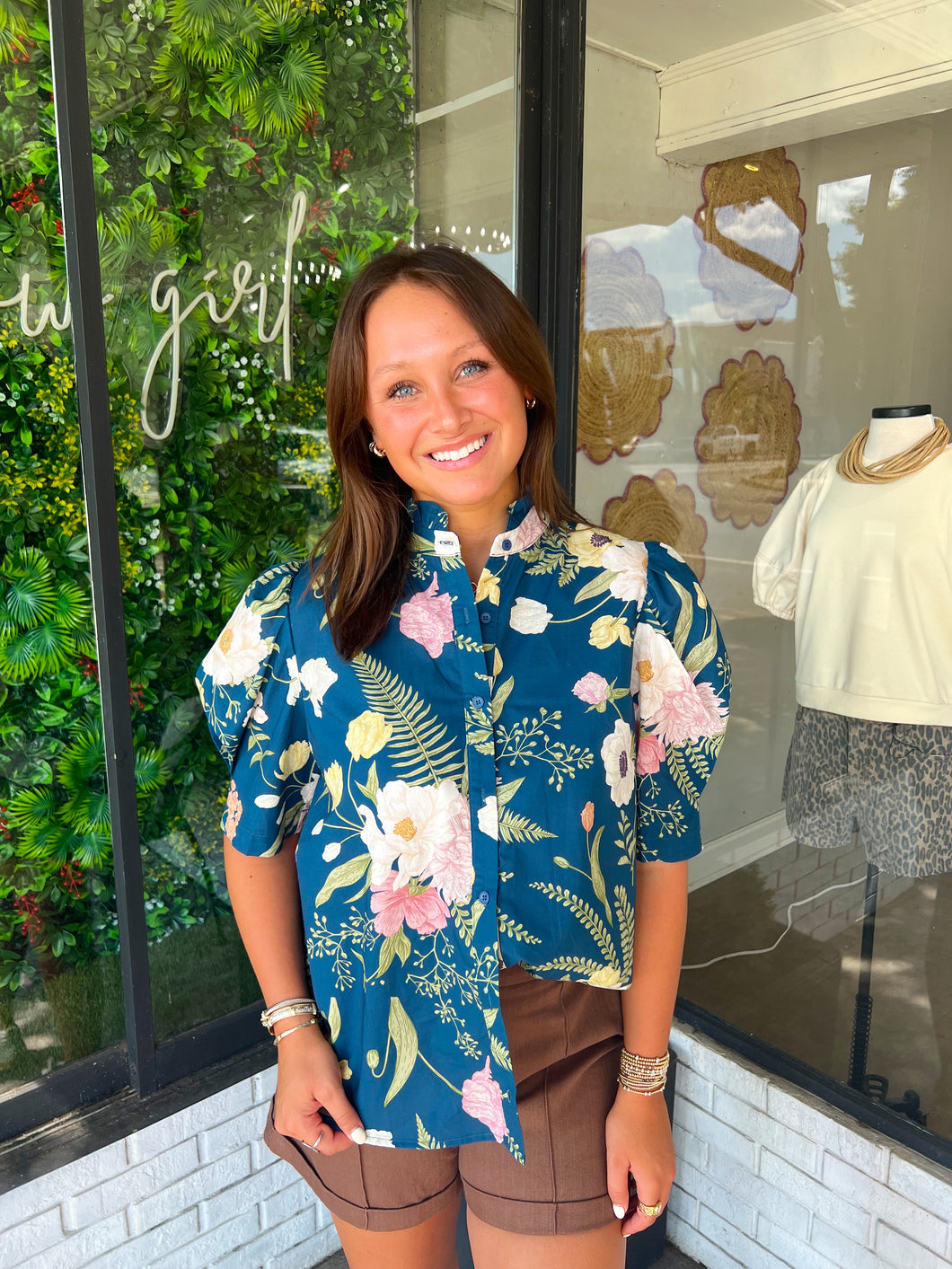 Sydni Floral Ruffle Neck Button Up Top- Teal