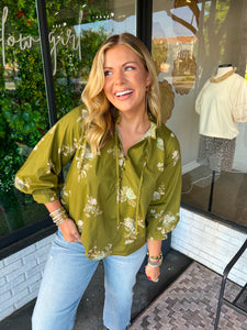 Callie Floral Printed Ruffle Neck Top- Olive