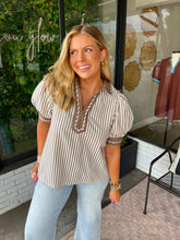 Load image into Gallery viewer, Julia Striped Banded V-Neck Top- Brown
