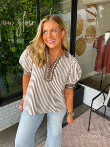 Julia Striped Banded V-Neck Top- Brown
