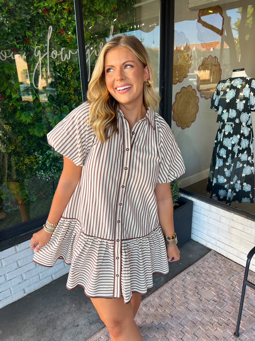 Carrie Striped Button Up Mini Dress- Brown