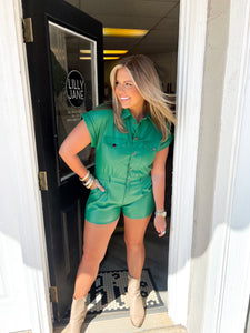 Maggie Faux Leather Romper- Kelly Green