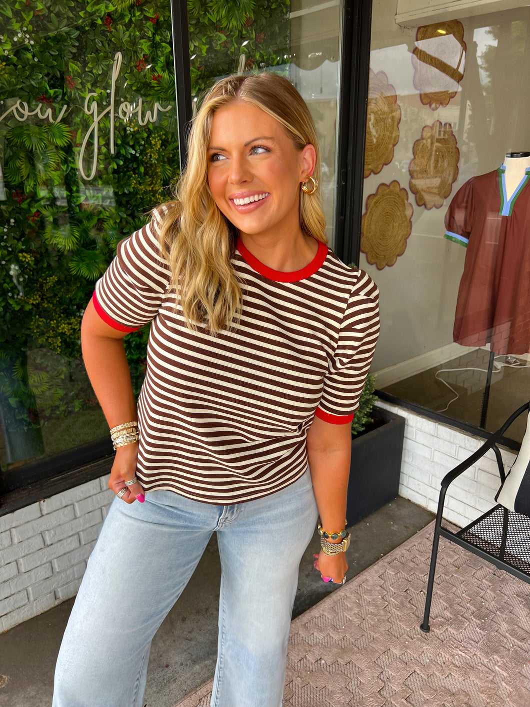 Finley Striped Short Sleeve Top - Brown/Red