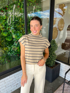 Carlin Stripe Mock Neck Top- Taupe/Navy