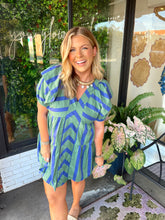 Load image into Gallery viewer, Delaney Striped Ruffle V-Neck Mini Dress - Blue/Green
