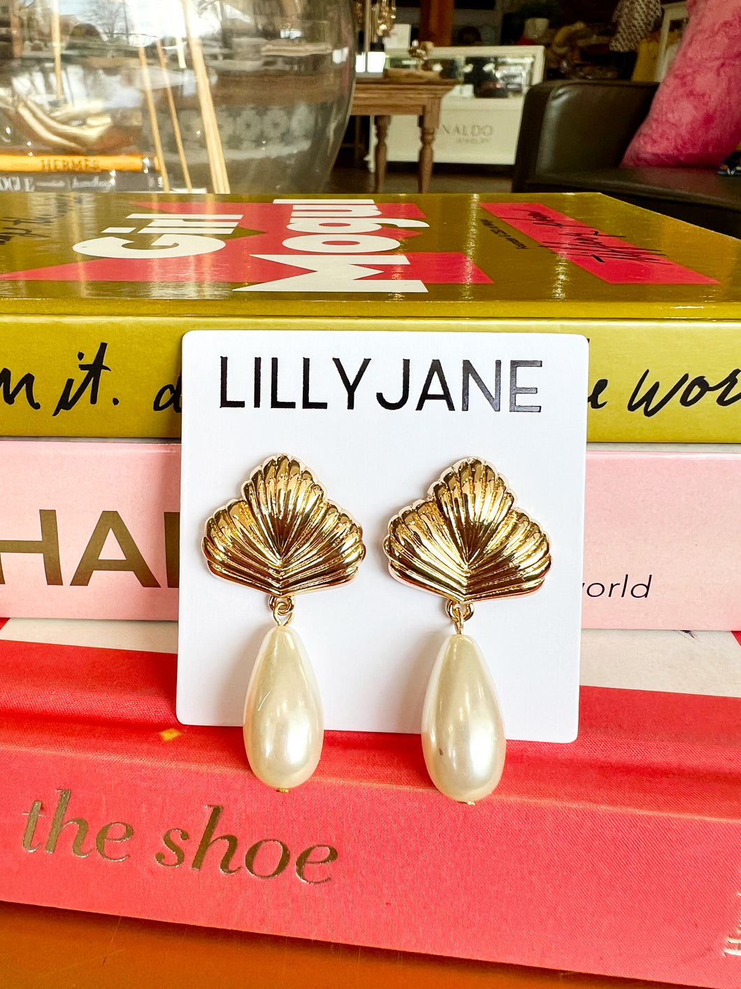 Gold Leaf Textured Pearl Drop Earrings