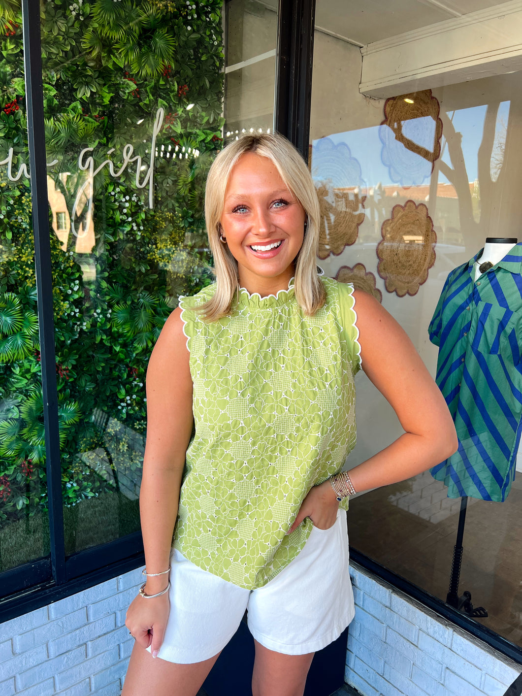 Ashlyn Sleeveless Floral Embroidered Top- Lime