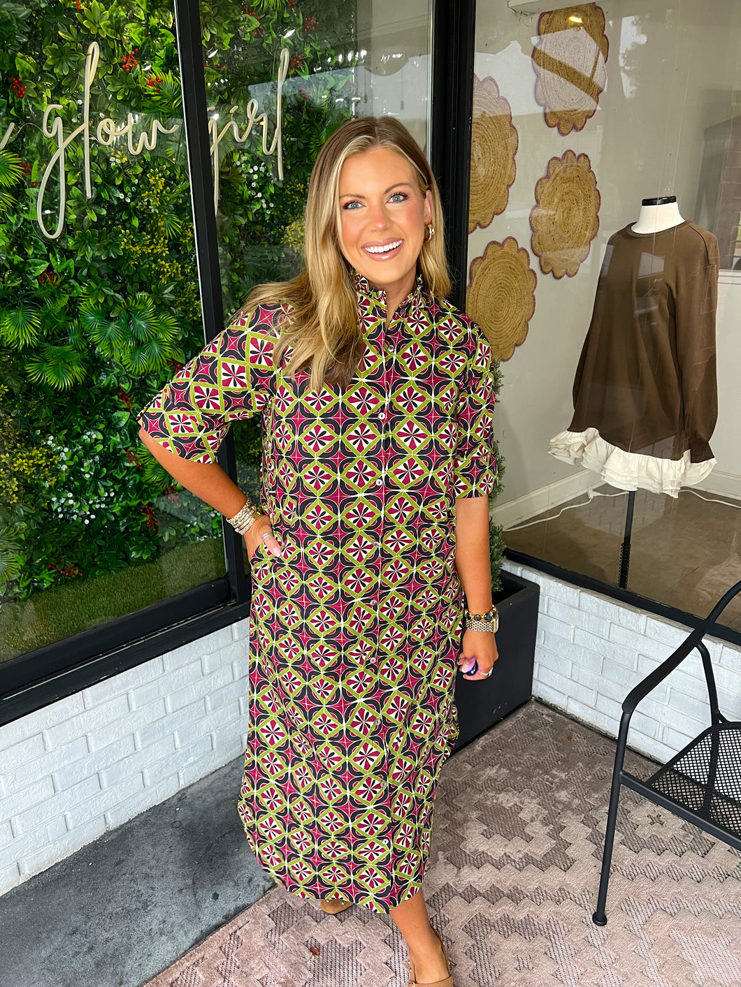 Peyton Geometric Printed Midi Dress- Burgundy