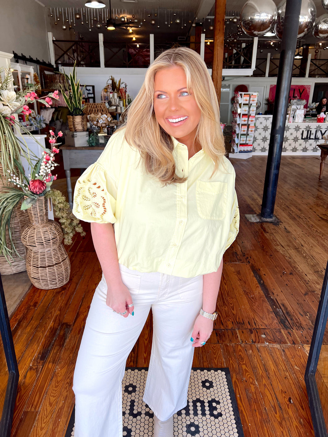 Daisy Embroidered Bubble Button Up Top- Lemon