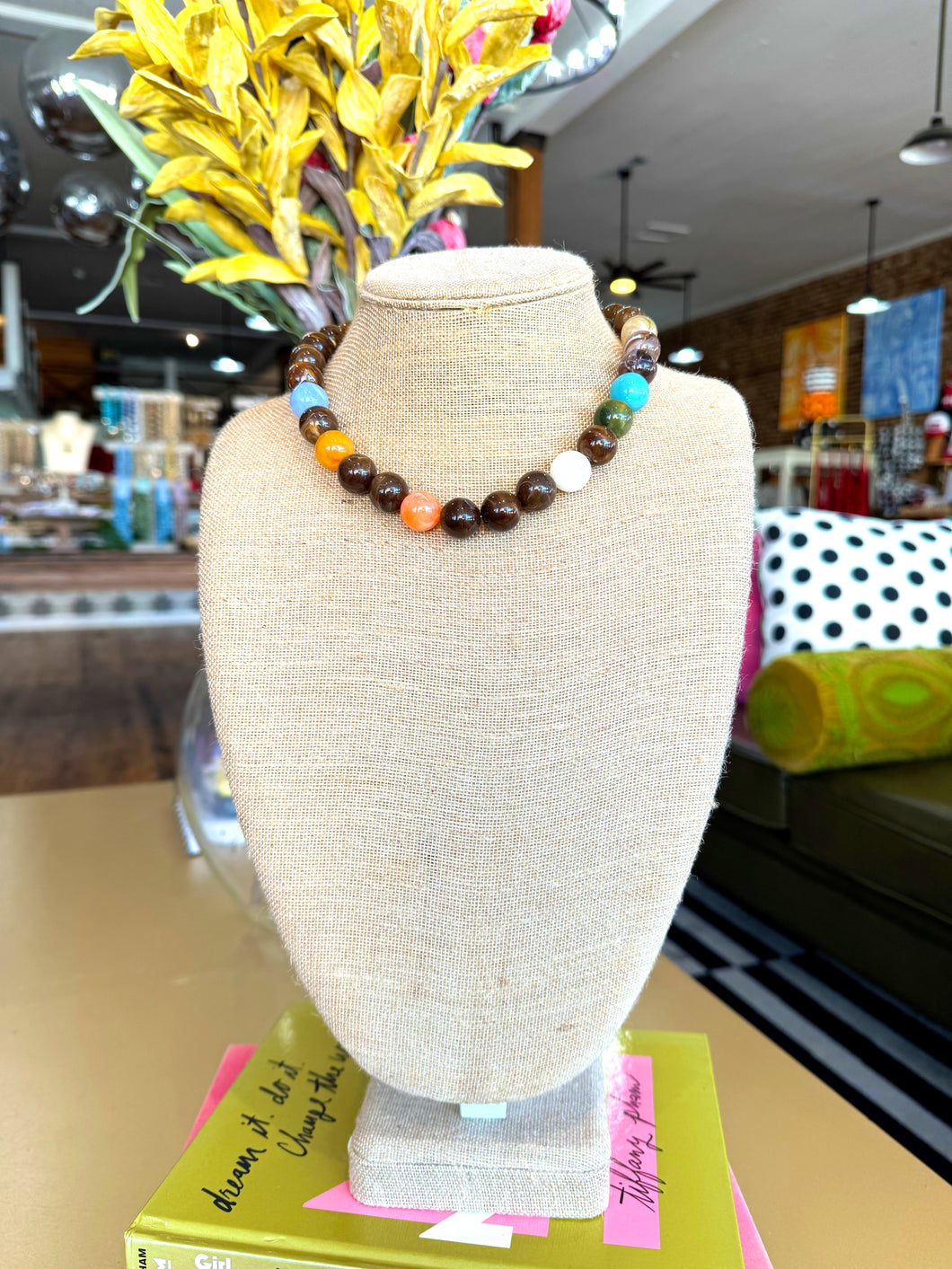 Color Block Acrylic Bead Necklace - Brown Multi