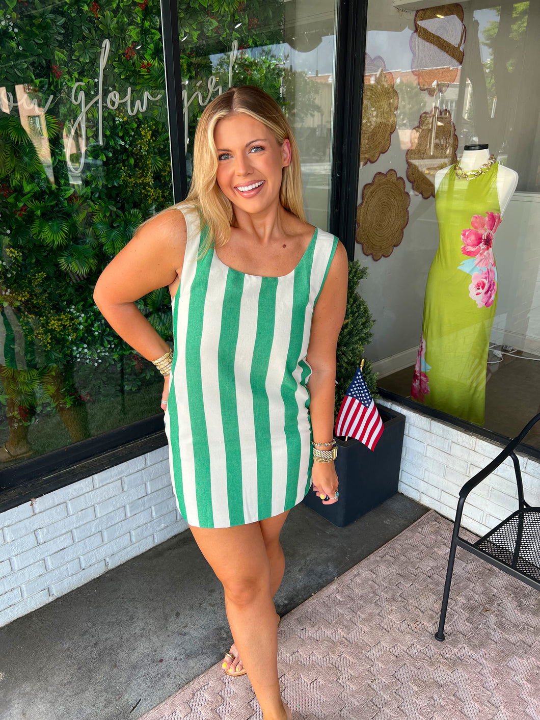 Payton Striped Scoop Neck Mini Dress- Kelly Green