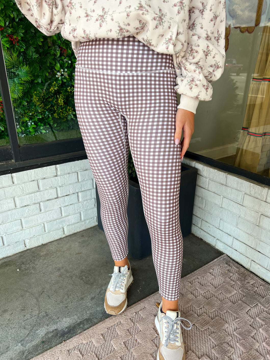 Gingham Performance High Rise Leggings - Brown